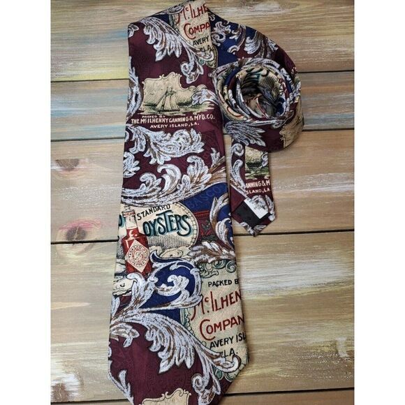 Tabasco Silk Wine OYSTERS Avery Island Paisley Fun Tie 57" Statement Staple 324 - Picture 3 of 8